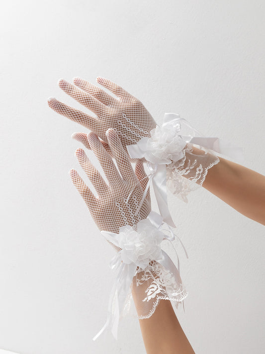 Flower Decor Ruffle Trim Bridal Gloves