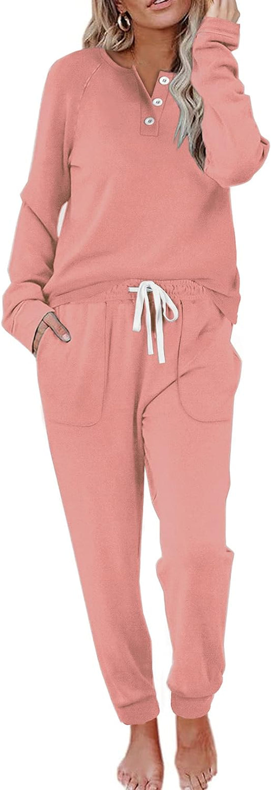 "Cozy and Chic: Women'S Two Piece Lounge Set with Button down Sweatshirt, Sweatpants, and Pockets"